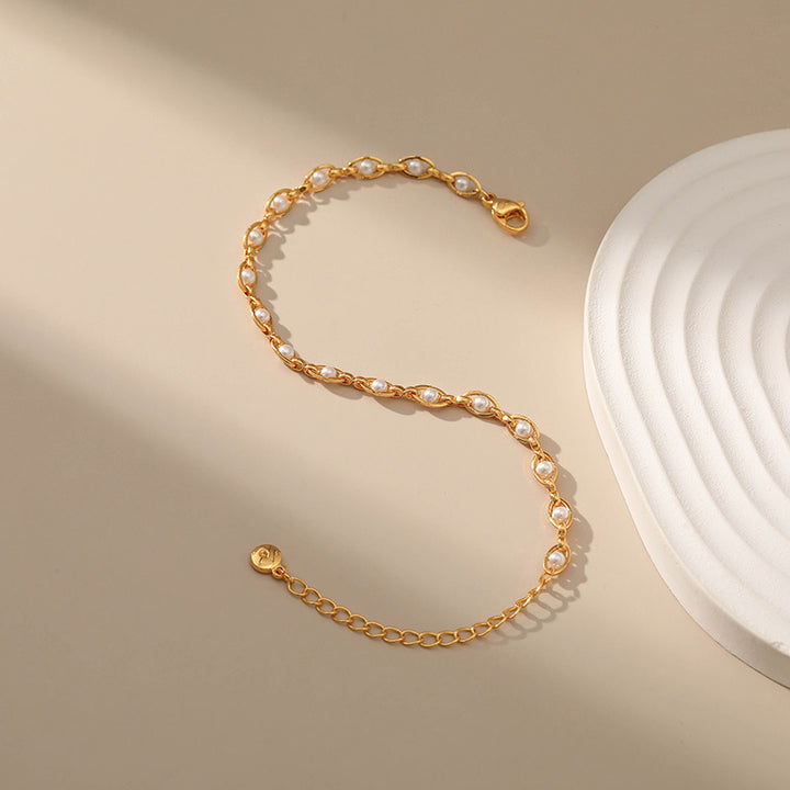 Bezel Set Natural Pearl Thin Chain Bracelet, Gold-Plated S925 Sterling Silver Minimalist Luxury Bracelet for Women