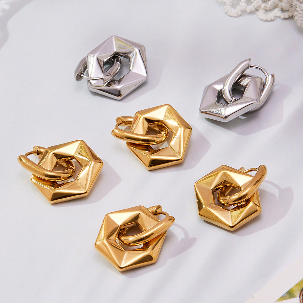 Faceted Geometric S925 Silver Huggie Earrings, Gold & Silver Two Tones Detachable Hexagon Drop Earrings