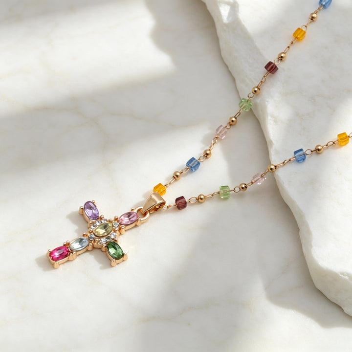 Colorful Gem Cross Pendant Necklace, Two Styles Available