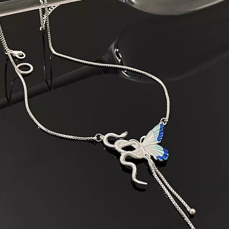 Snake & Butterfly Tassel Necklace (Two-Tone Delicate Choker)