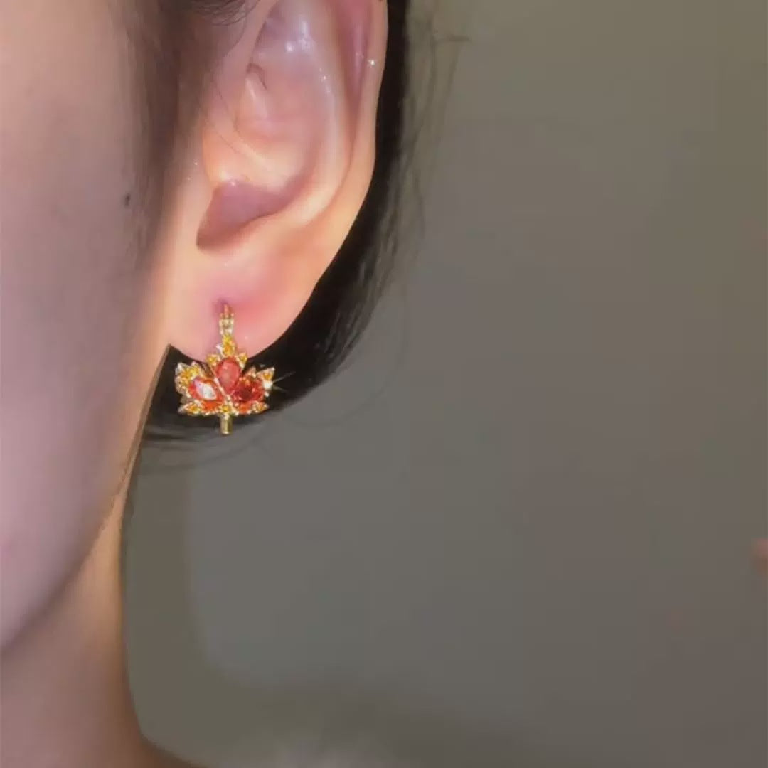 Two-Sided Clear/Orange Diamond Maple Leaf Huggie Earrings (Dual-Color Design (Front and Back))