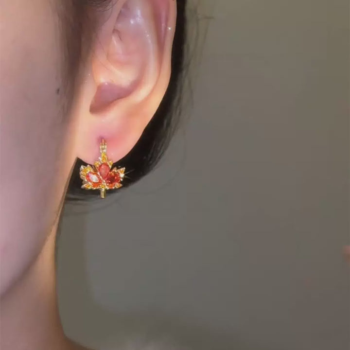 Two-Sided Clear/Orange Diamond Maple Leaf Huggie Earrings (Dual-Color Design (Front and Back))