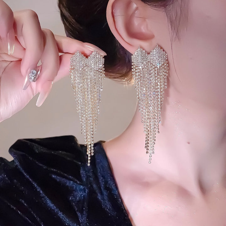 Full Pave Crystal Heart Chain Tassel Long Drop Earrings, Solid S925 Silver Gold & Silver Two-Tone Luxury Banquet Sparkling Jewelry