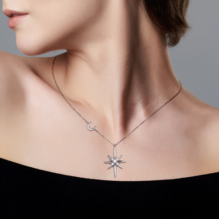 8-Point Star & Crescent Moon Dual Pendant Necklace, Gold Silver Two-Tone Luxury Women Choker