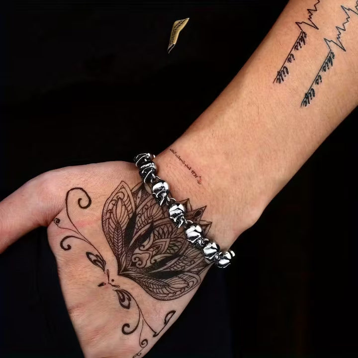 S925 Silver Clasp Vintage Skull Linked Bracelet, Gothic Dark Style Unisex Wrist Jewelry, Silver / Black Gun Two Tones