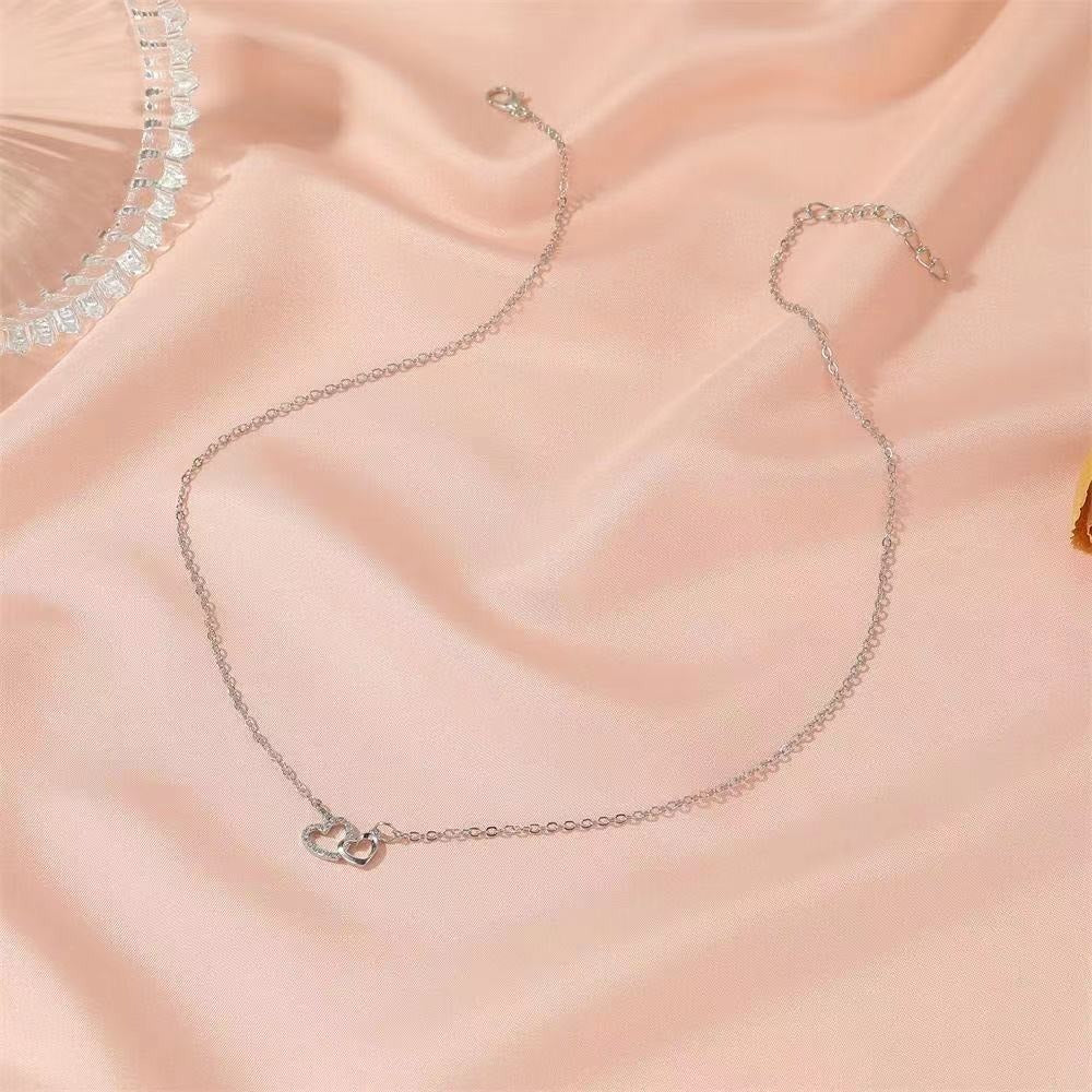 Interlocking Double Heart Paved Diamond Necklace, Minimalist Luxury Dainty Pendant Necklace for Women