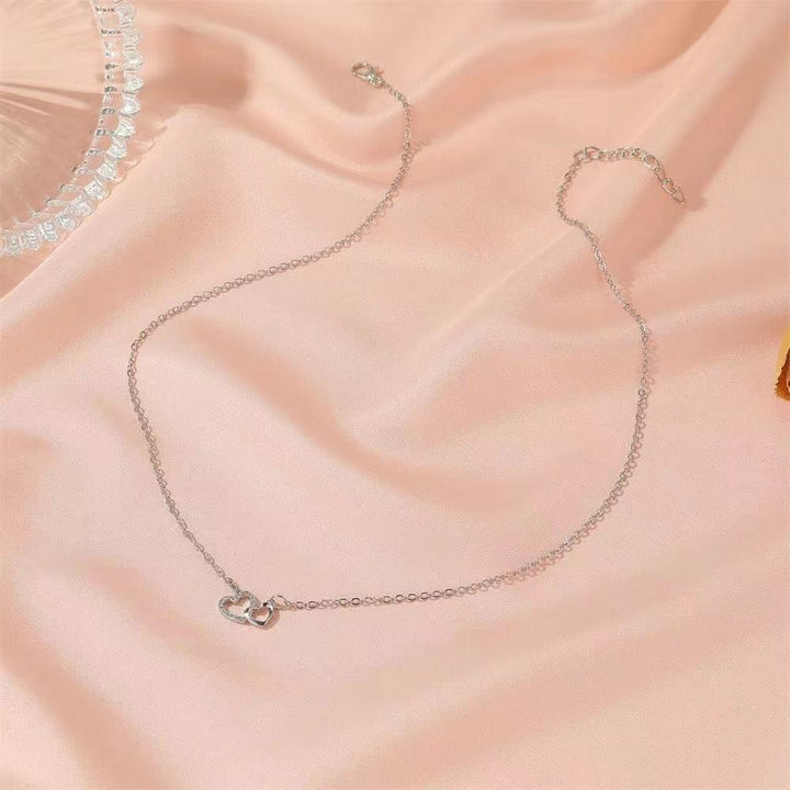 Interlocking Double Heart Paved Diamond Necklace, Minimalist Luxury Dainty Pendant Necklace for Women
