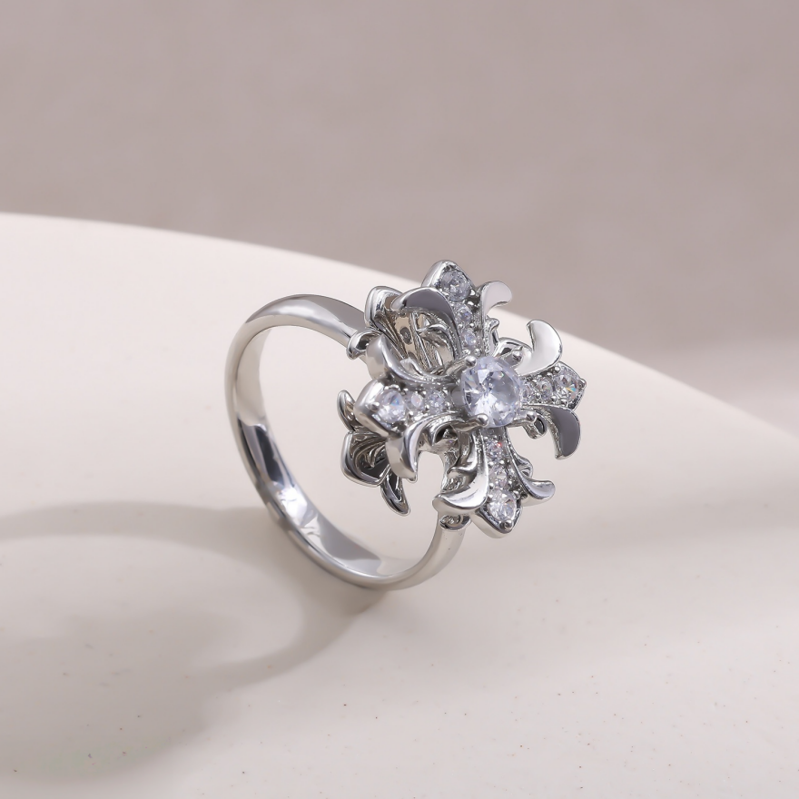 Vintage Carved Cross S925 Silver Ring, Luxury Palace Style 3D Diamond Inlaid Ring, Gorgeous Banquet Ring in Gold & Silver Two Tones