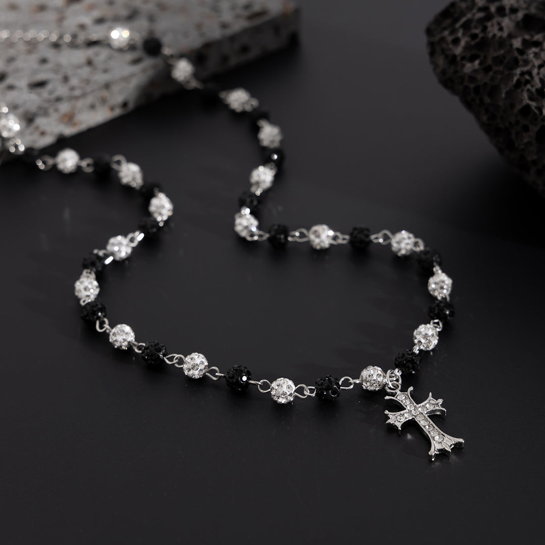 Pearl Shambhala Ball Cross Necklace, Vintage Hip Hop Adjustable Diamond Unisex Clavicle Chain for Men & Women