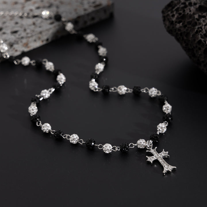 Pearl Shambhala Ball Cross Necklace, Vintage Hip Hop Adjustable Diamond Unisex Clavicle Chain for Men & Women