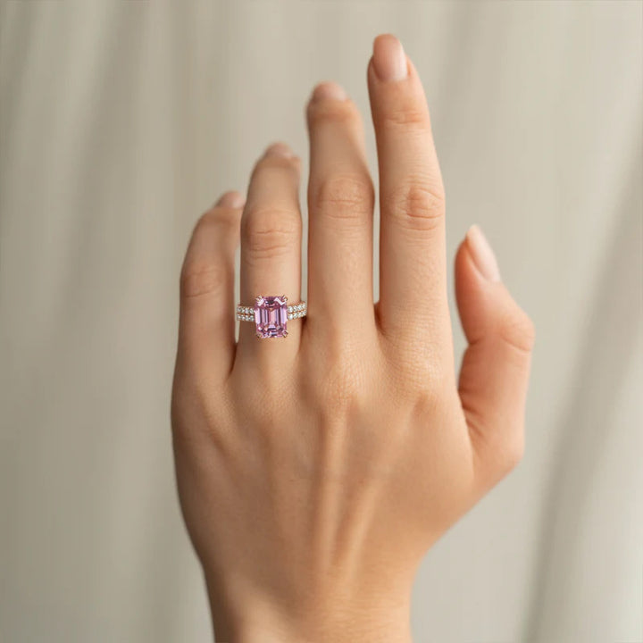 Emerald Cut Pink Diamond Double Shank Ring, Rose Gold Luxury Engagement Ring For Women