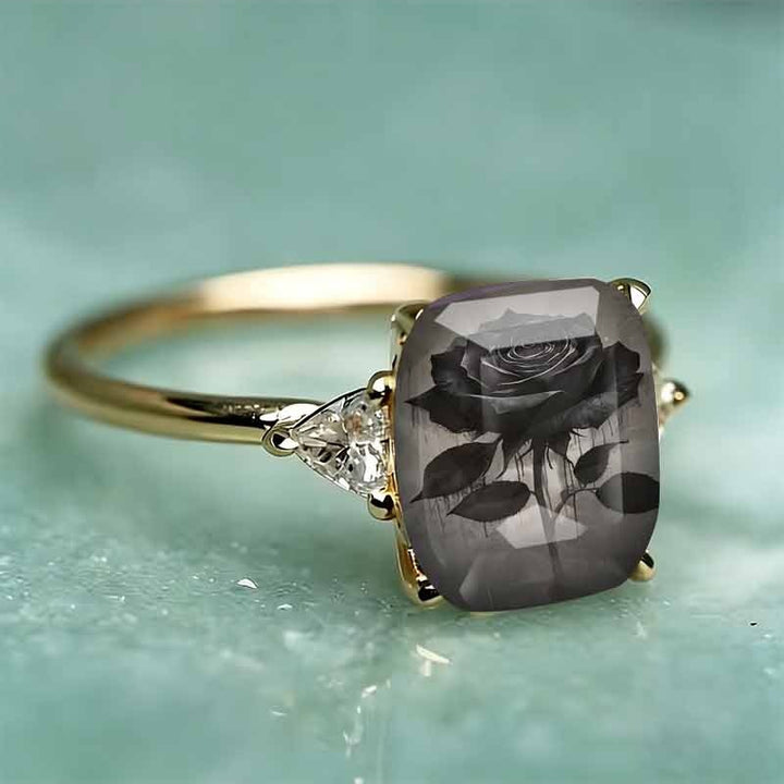 Rectangle‑Shape Black Rose Printed Ring, Two‑Tone Options