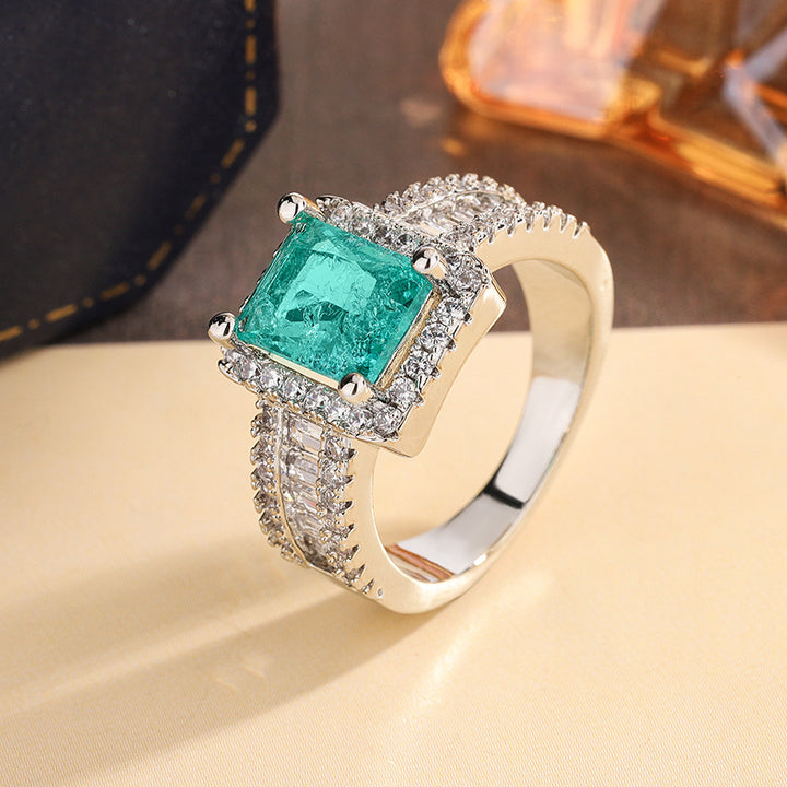 Square Green Gemstone Halo Diamond S925 Silver Ring