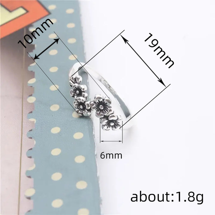 Vintage Antiqued Four Plum Blossom Ring, Forest-style Retro Silver Band