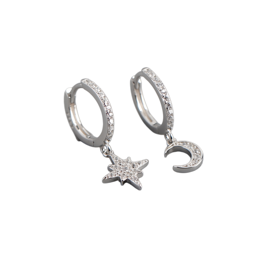 Asymmetric Moon & Star Diamond Huggie Earrings (2 Colors Delicate Dangle Hoops)