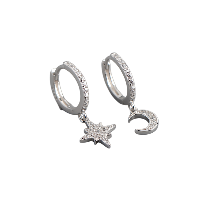Asymmetric Moon & Star Diamond Huggie Earrings (2 Colors Delicate Dangle Hoops)