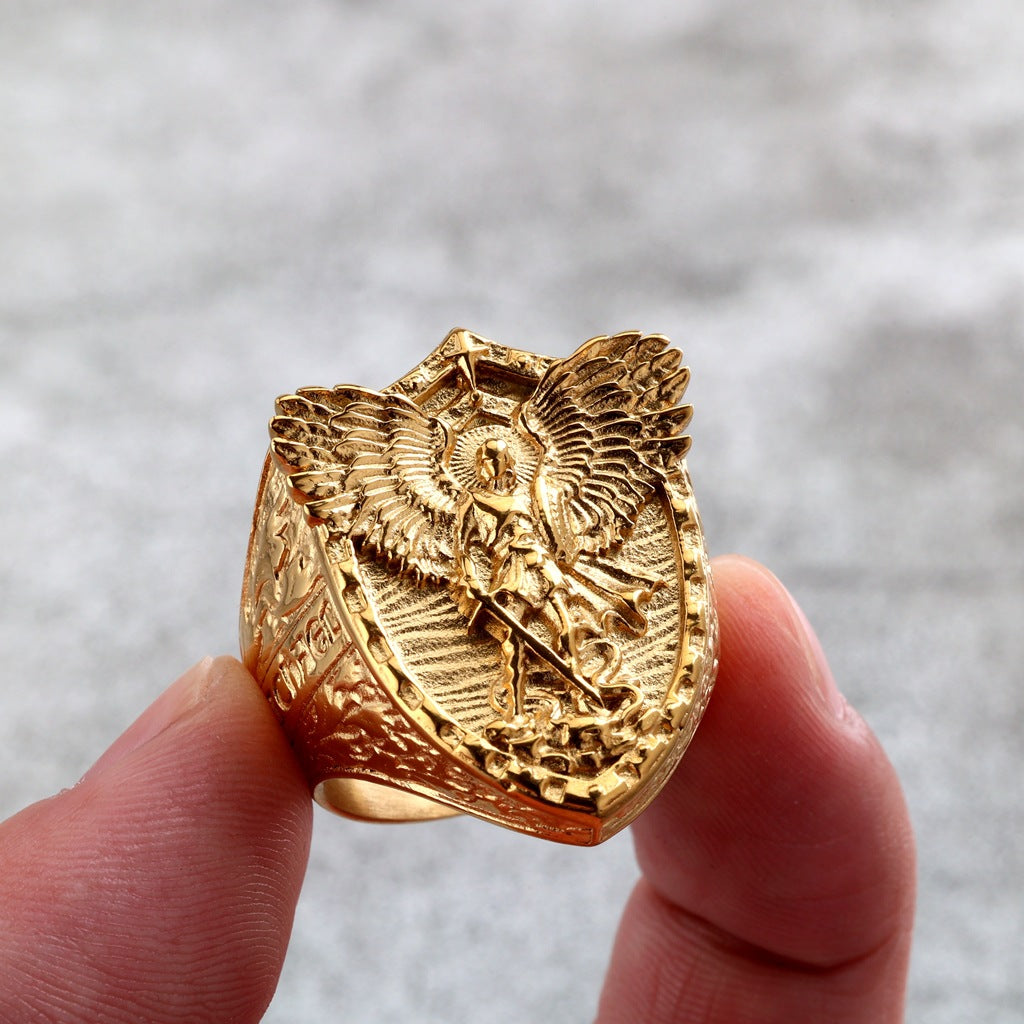 S925 Silver Archangel Shield Relief Men Ring, Vintage Heavy‑Craft Guardian Wide Band Ring