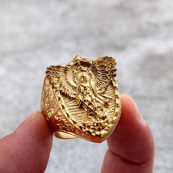 S925 Silver Archangel Shield Relief Men Ring, Vintage Heavy‑Craft Guardian Wide Band Ring