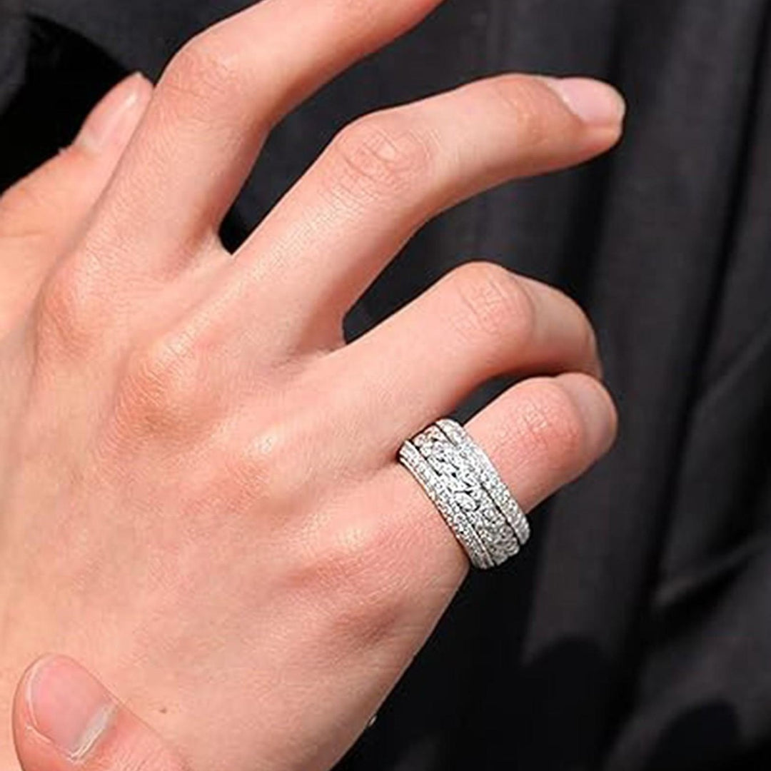 Rotatable Wide Band Ring with Twisted Chain Center & Side Paved Diamonds, Heavy Hip Hop Titanium Steel Spinner Ring Gold Silver Unisex Jewelry