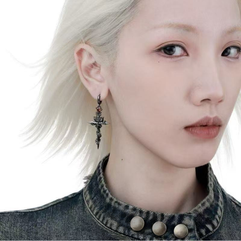 Gothic Rose Cross Sword Earrings (Edgy Punk Statement Hoops)