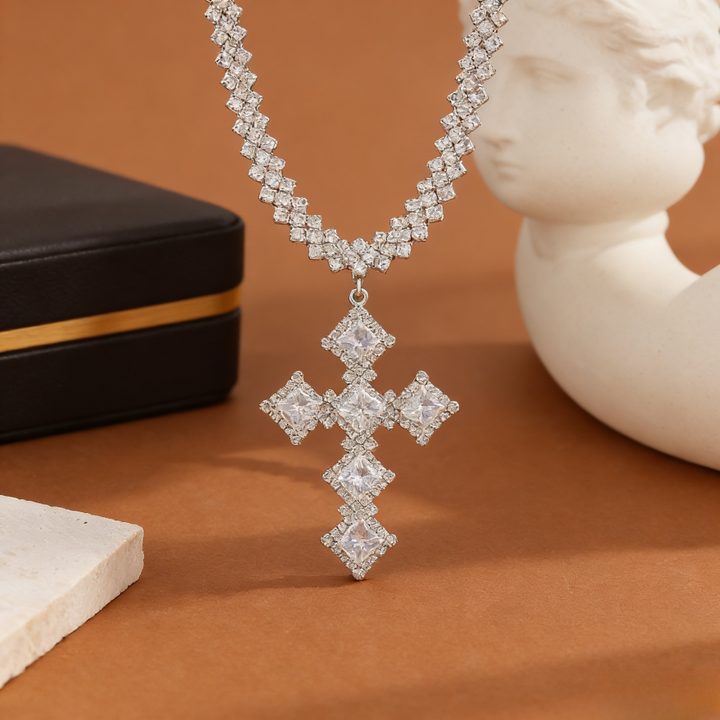 Full-Pavé Cross Pendant V-Shape Tennis Chain Necklace (Silver Tone Evening Jewelry)