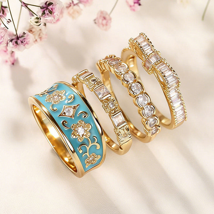 French Enamel Floral Pave Diamond 4-Piece Stackable Ring Set, Solid S925 Silver Gold Tone Vintage Palace Band Set