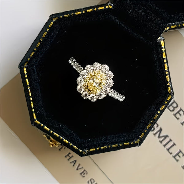 Oval Colored Gem Double Sunflower Halo Ring, Pink & Yellow Luxury Pave Engagement Band