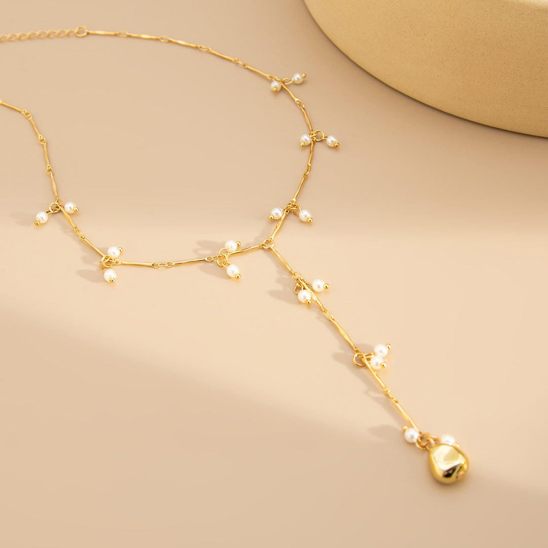 Dangling Pearl Y-Shaped Clavicle Necklace, Soft Multi Cluster Pearl Long Thin Chain