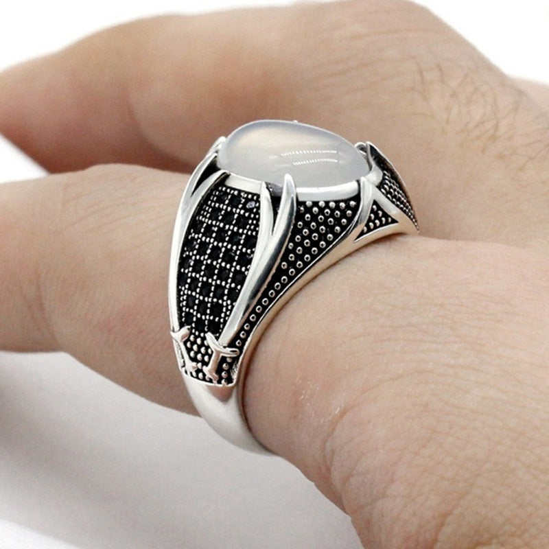 Vintage Antiqued Claw Oval Gem Men’s Wide Ring, Solid S925 Silver 3 Natural Stone Heavy Statement Band