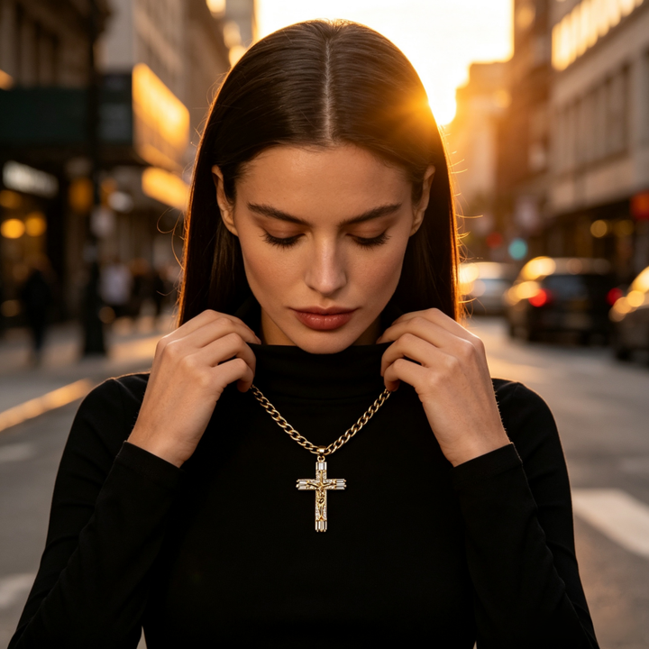 Baguette Crystal Jesus Cross Pendant Necklace, Vintage Iced Cross Necklace
