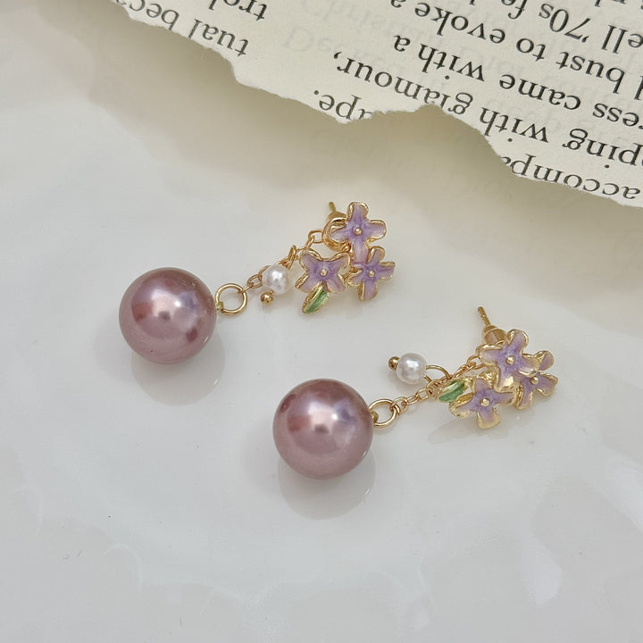 Purple Enamel Flower Dark Purple Pearl Drop S925 Silver Stud Earrings, Gentle Vintage Floral Pearl Dangle Earrings