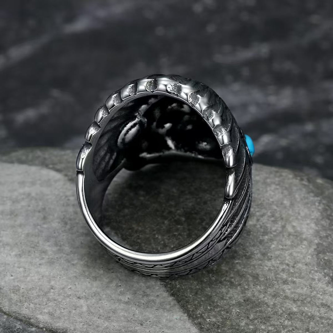 3D Embossed Native American Chief Turquoise Ring, S925 Silver Antiqued Western Vintage Wide Band For Men