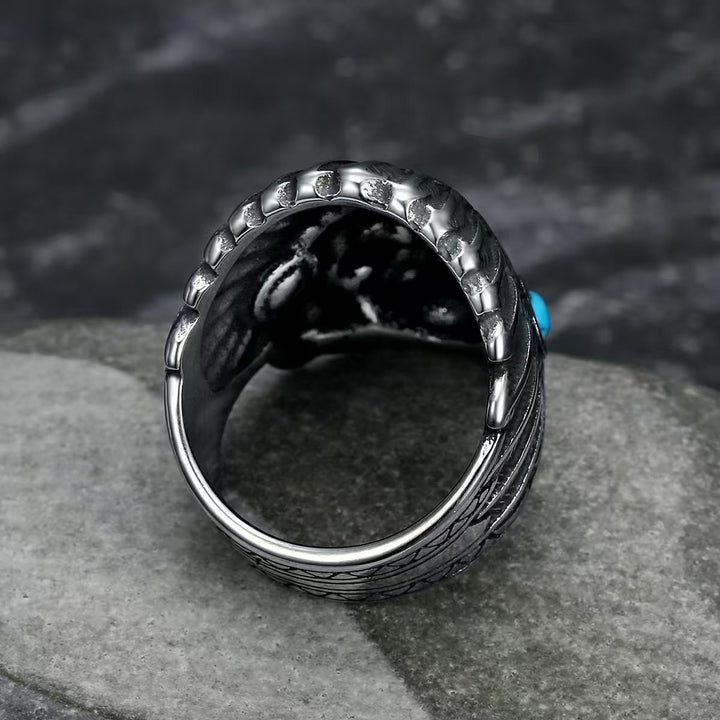 3D Embossed Native American Chief Turquoise Ring, S925 Silver Antiqued Western Vintage Wide Band For Men