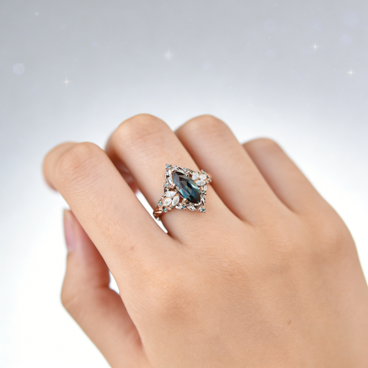 Marquise Cut Iridescent Gem Filigree Ring (Vintage Royal High-End Band)