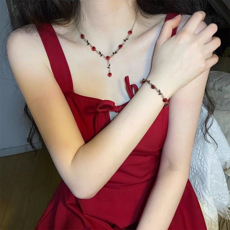 Vintage Red Rose Jewelry Set, S925 Silver Stud Earrings Rose Necklace & Bracelet 3Pcs Set