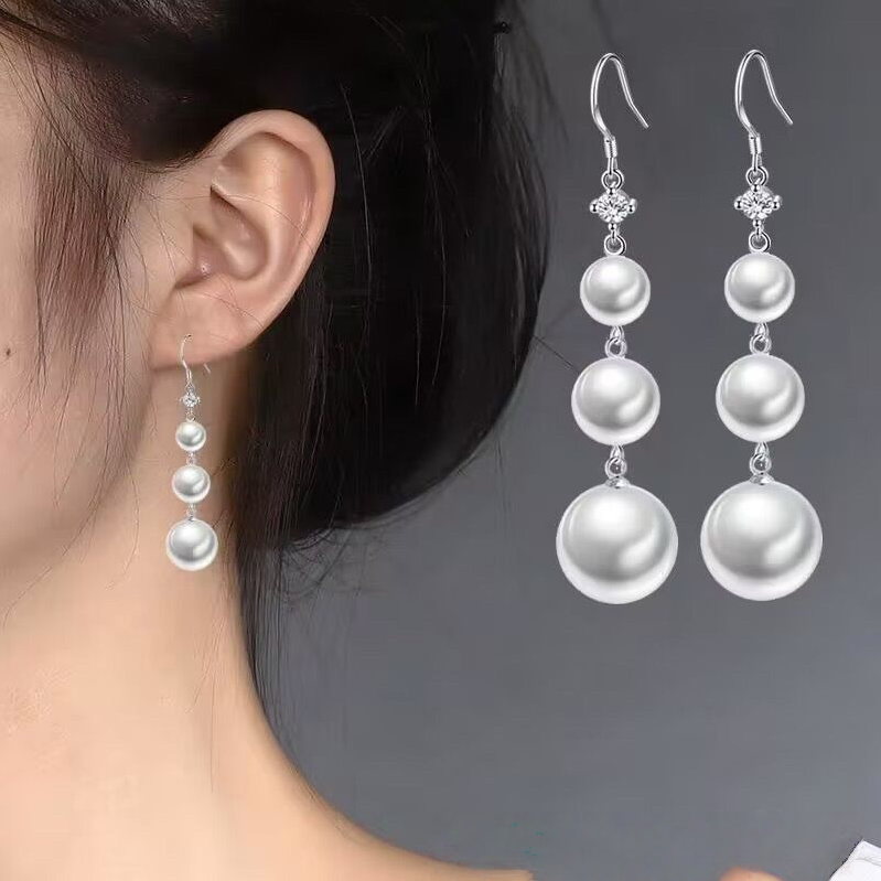 Graduated Pearl Long Drop Earrings (Elegant Slimming Statement Earrings)