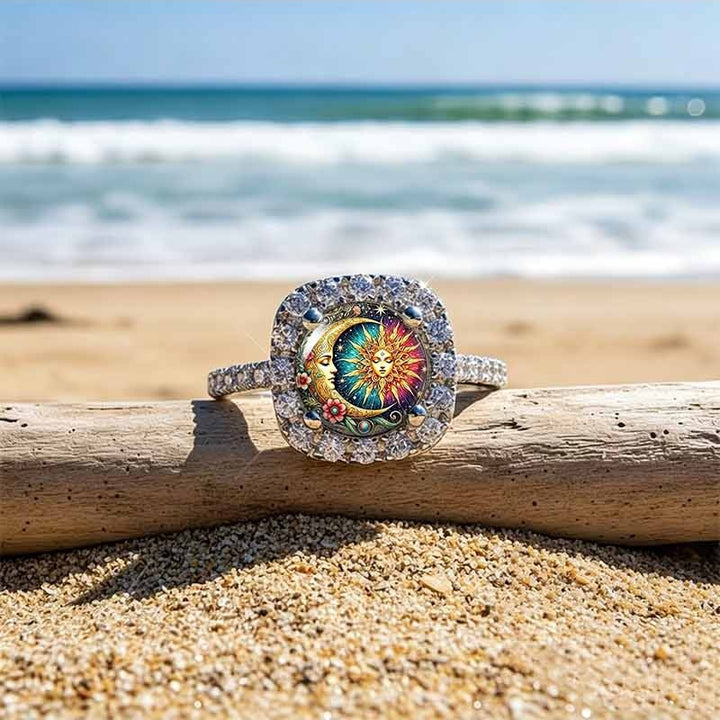 Sun & Moon Face Printed Square Halo Ring