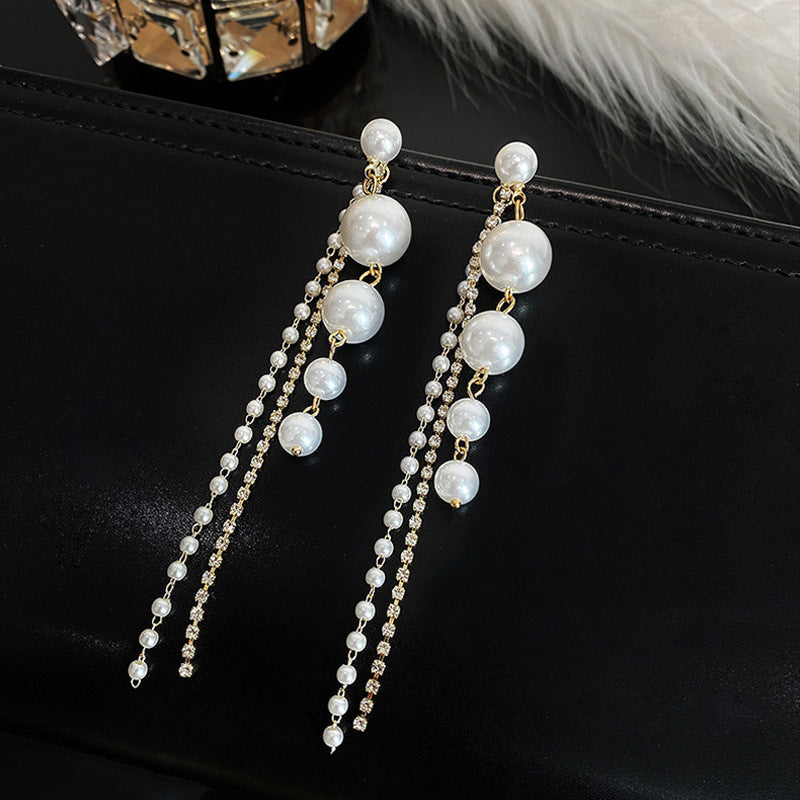 Gradient Natural Pearl Rhinestone Long Tassel Drop Earrings, S925 Sterling Silver Luxury Dainty Chain Women Earrings