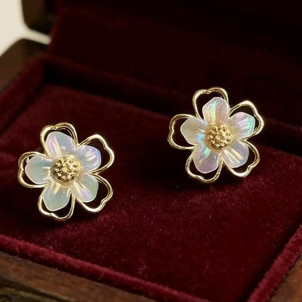 Double-layer Iridescent Flower S925 Silver Stud Earrings, Elegant Hollow Petal Earrings