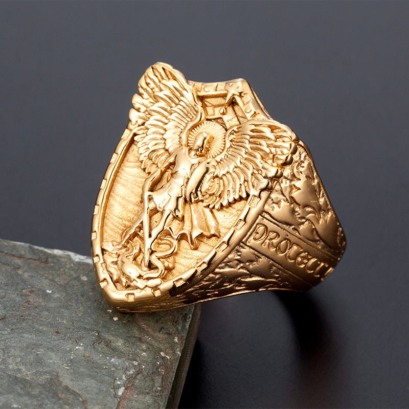 St. Michael Shield Embossed Guardian Signet Ring, S925 Silver Gold Tone / Antiqued Silver Religious Wide Band