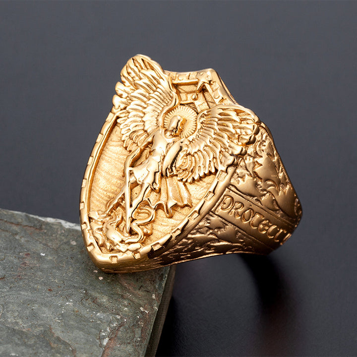 St. Michael Shield Embossed Guardian Signet Ring, S925 Silver Gold Tone / Antiqued Silver Religious Wide Band