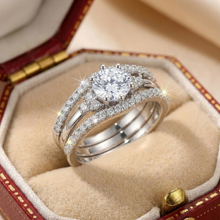 3-Row Round Diamond Halo Ring Set (Luxury Romantic Engagement Wedding Band Set)