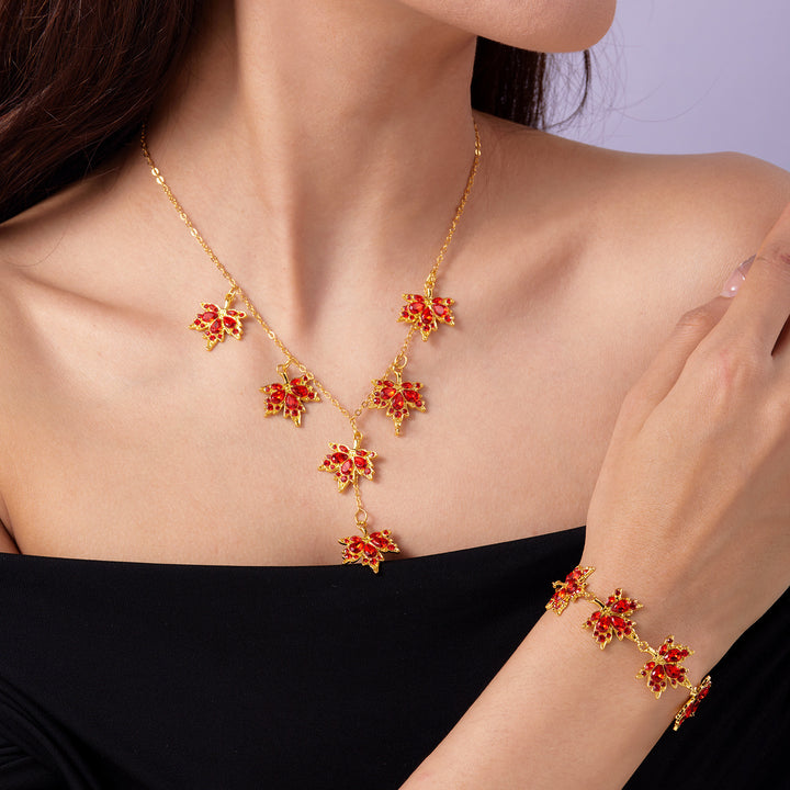Red Diamond Maple Leaf Jewelry Set (Necklace + Bracelet + Hoop Earrings)