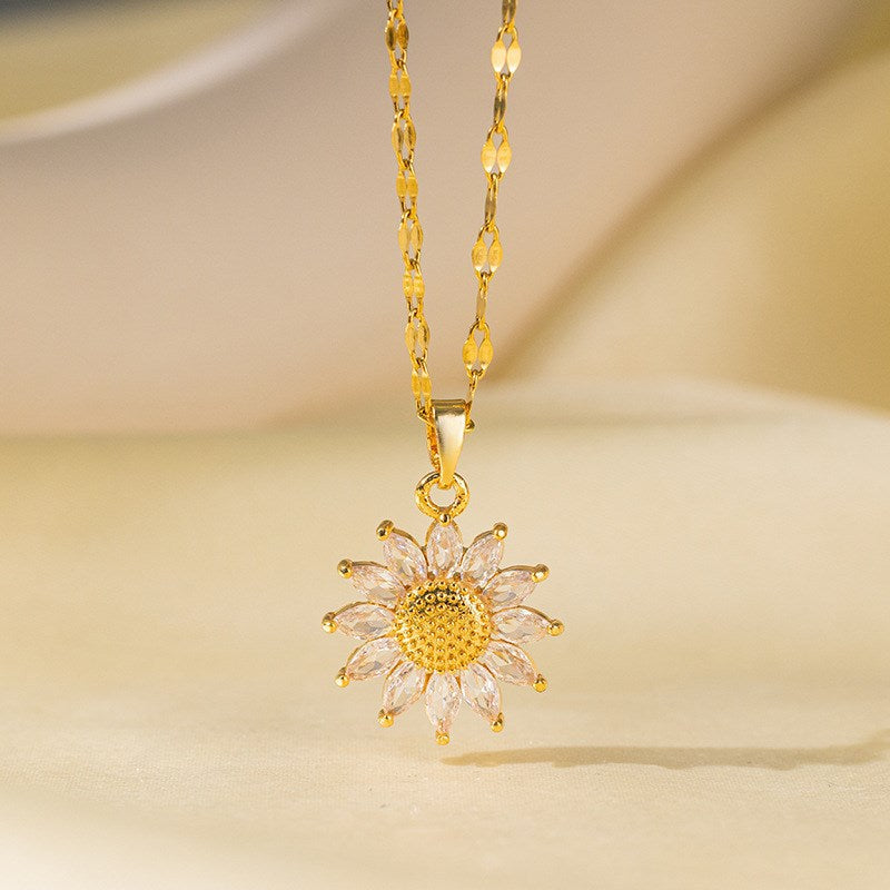Pave Diamond Sunflower Collarbone Necklace, Marquise Crystal Sun‑Flower Pendant, Gold & Silver Two‑Tone Multiple Chain Styles Dainty Jewelry