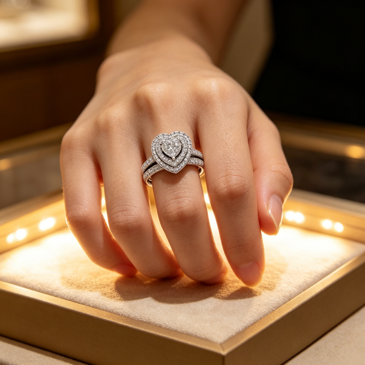 Double Layer Heart Full diamond Stackable Ring Set (Delicate Luxury Engagement Band)