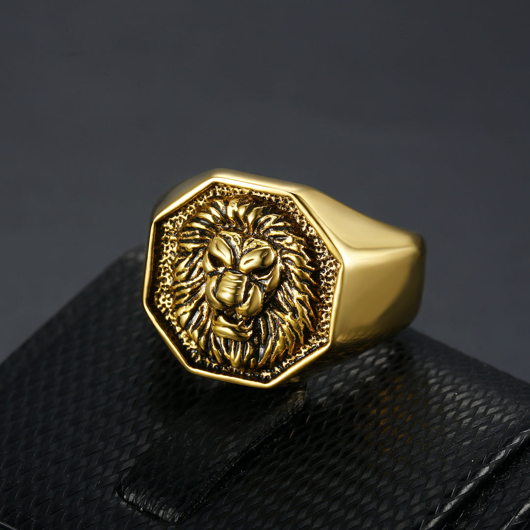 3D Lion Head Embossed Octagon Signet Ring, S925 Silver Full Gold / Silver / Silver-Gold Contrast Bold Men’s Band