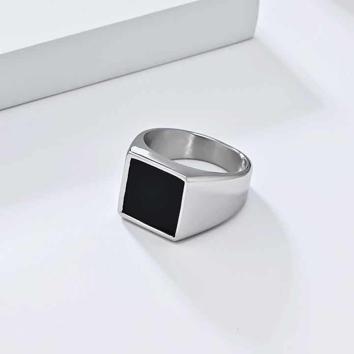 Minimalist Square‑Black‑Face Men’s Wide Signet Ring, 3‑Color Options