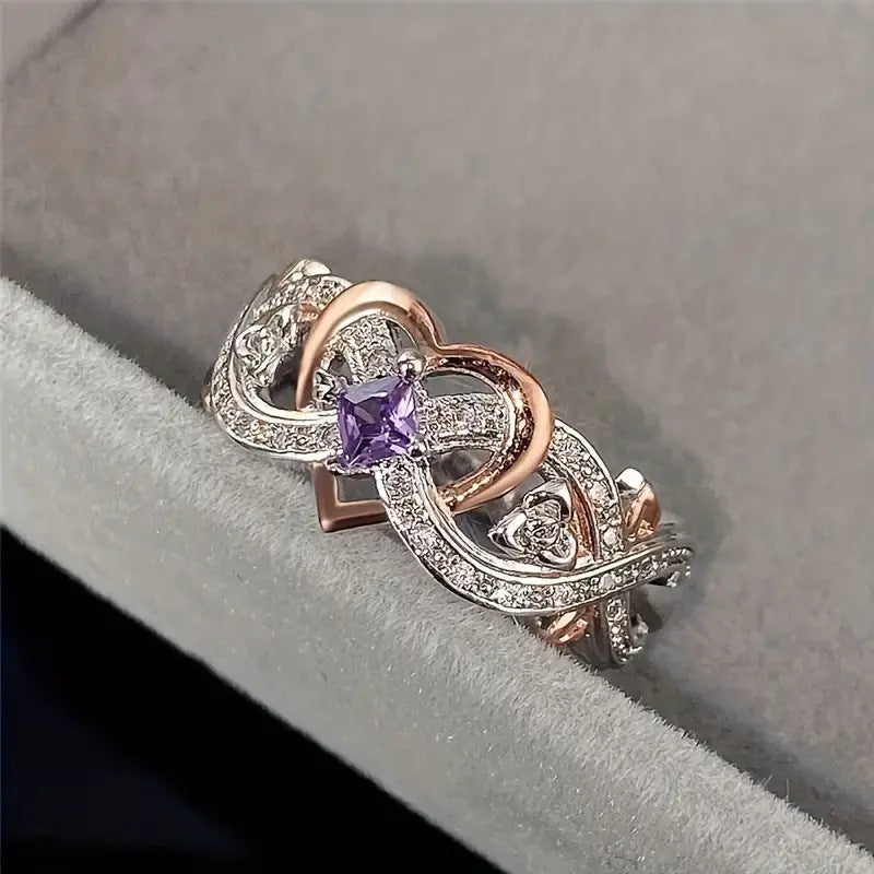 Two‑Tone Interlaced Heart Square Purple Diamond Ring