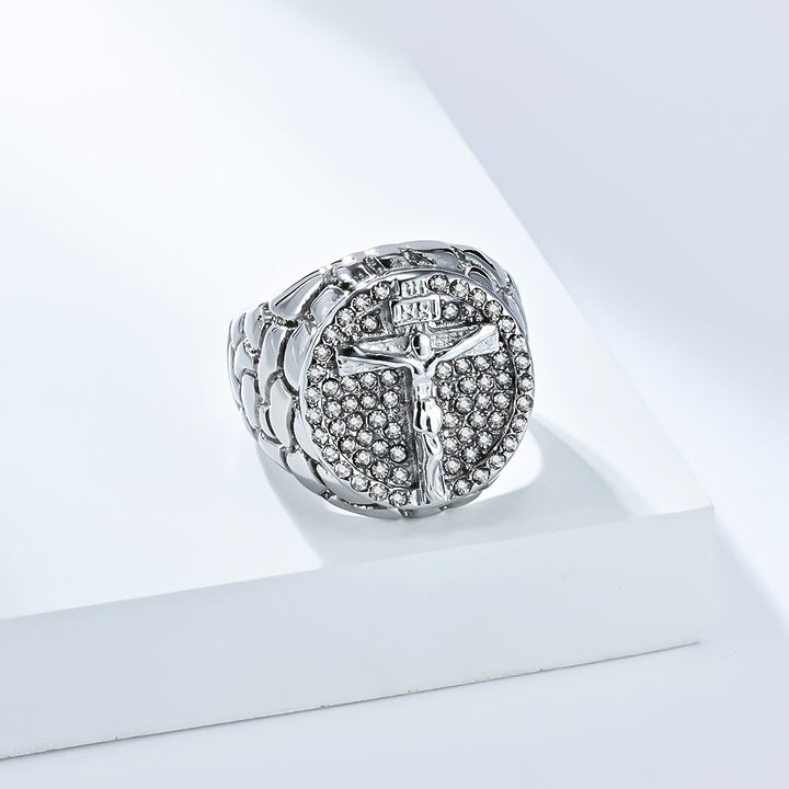 Paved Diamond Embossed Jesus Cross Signet Ring, S925 Silver 14K Gold Plated Vintage Faith Wide Band For Men, Gold & Silver Two Tones