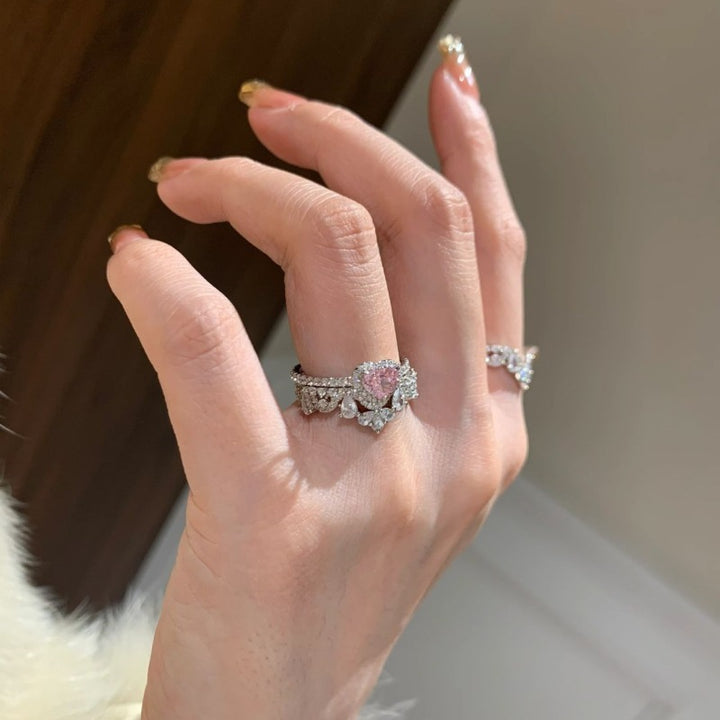 Pink Heart Diamond Floral Cluster Statement Ring (Luxury Girlish Band)